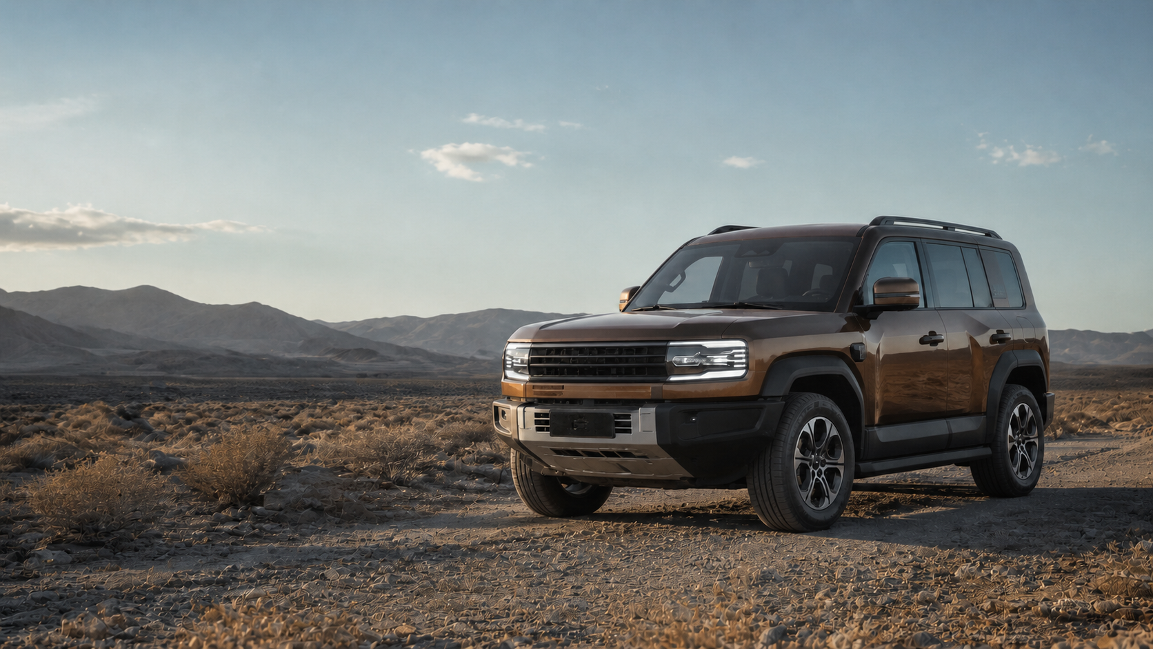 Representative sandstone Bao 5-style plug-in hybrid off-road SUV on a high-desert gravel route